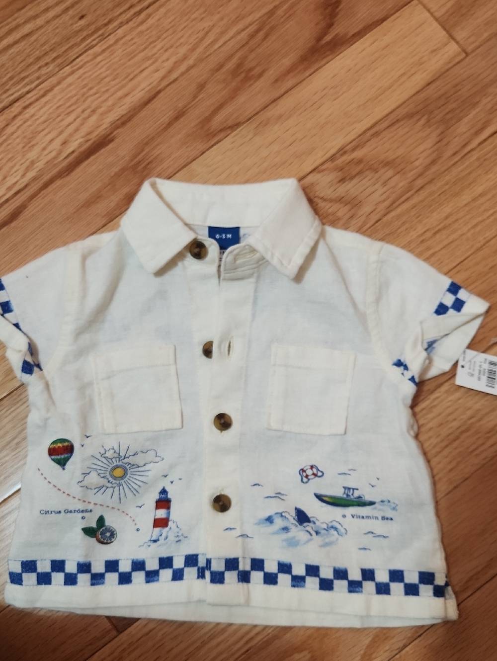 Old Navy Baby Cream Button-Front Nautical Embroidered Shirt 0-3m
